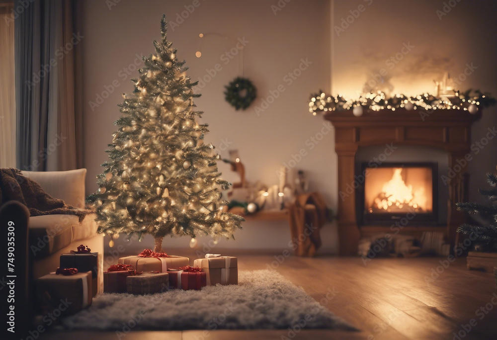 Christmas tree in the room with a fireplace interior 3d
