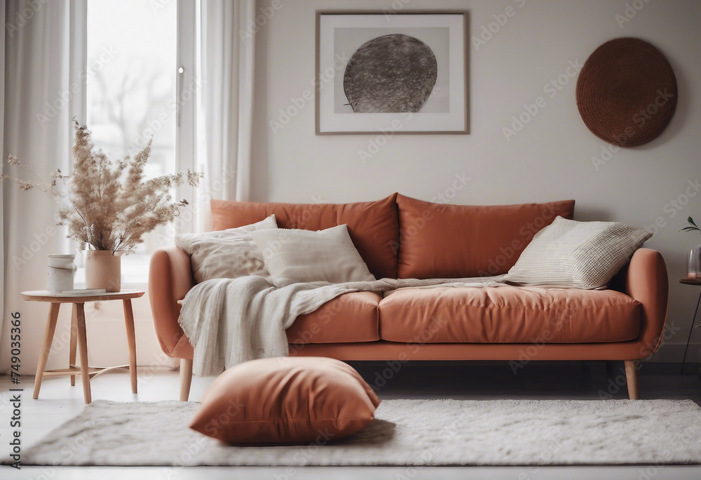 Close up of fabric sofa with terra cotta pillow against window and white wall Scandinavian home inte Close up of fabric sofa with terra cotta pillow against window and white wall Scandinavian home inte