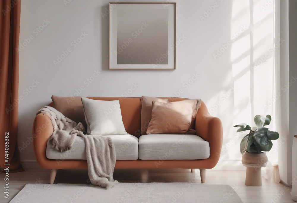 Close up of fabric sofa with terra cotta pillow against window and white wall Scandinavian home inte