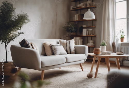 Cozy loveseat sofa near round accent coffee table Scandinavian home interior design of modern living photo