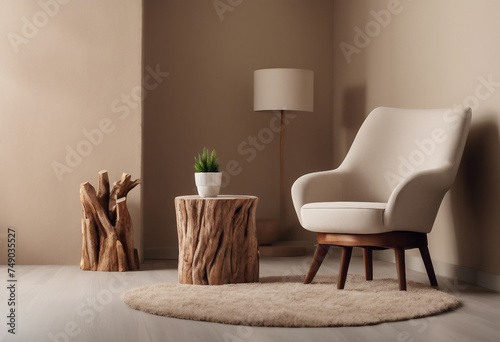 Fabric lounge chair and wood stump side table against beige stucco wall with copy space Rustic minim photo