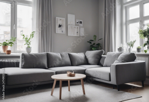 Grey corner sofa in scandinavian home interior design of modern living room