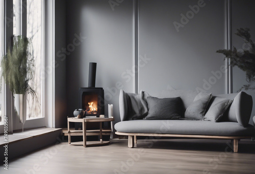 Grey daybed sofa against fireplace Rustic scandinavian home interior design of modern living room photo
