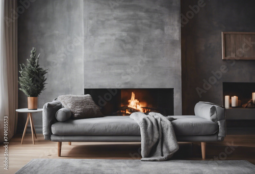 Grey daybed sofa against fireplace Rustic scandinavian home interior design of modern living room