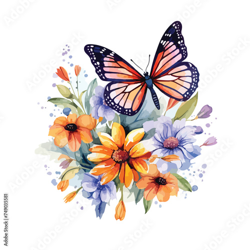 Butterfly with flowers watercolor print vector color