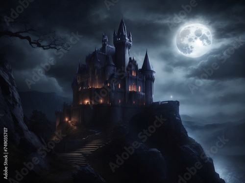 "Nocturnal Dominion: Capturing the Ominous Aura of an Imposing Vampire Castle Atop a Cliff in AI-Enhanced Photography"