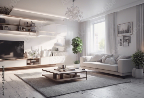 Modern weiss apartment interior panorama 3d render © ArtisticLens