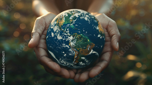 Close up of hands holding earth symbolizing unity and commitment in environmental activism and conservation efforts photo