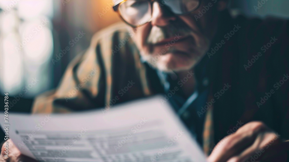 Photo of a senior reviewing his life insurance policy with a close up on the document and his reading glasses underscoring the significance of insurance in retirement planning - obrazy, fototapety, plakaty 