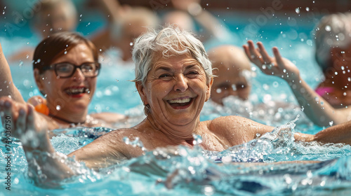 Photo of a group of seniors in a swimming pool doing water aerobics with a close up on their smiling faces and the splashing water symbolizing fun and fitness