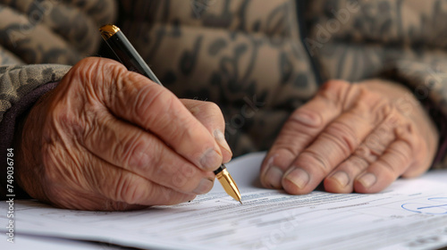 Photo of a senior reviewing a pension transfer form with a close up on the document and his pen highlighting the process of managing pension assets photo