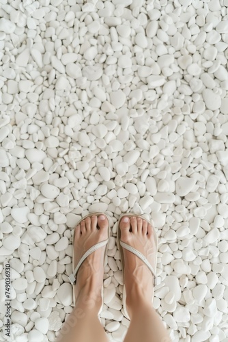 feet in shoes on a background of white stones. place for text. Summer. woman Rest