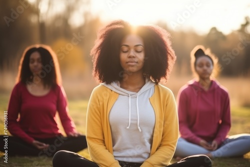 Serene Outdoor Meditation. Young African American women practicing mindfulness meditation in a tranquil outdoor setting at sunset.