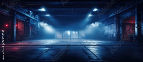 A dark room with a lot of light coming from the ceiling, creating a stark contrast between light and shadow. The beams of light illuminate the space, revealing details of the rooms interior.