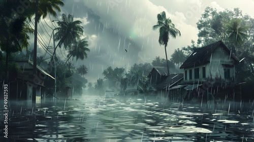 A severe tropical storm with heavy rainfall caused a major flooding, and the floodwaters inundated houses. The inclement weather resulted in the flooding. digital ai art photo