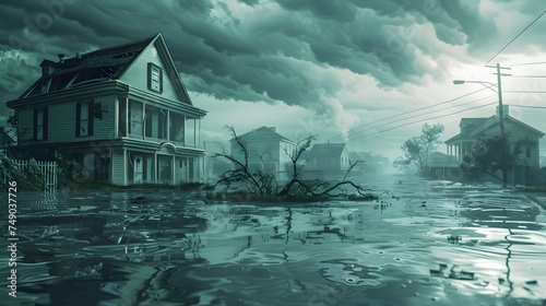 A severe tropical storm with heavy rainfall caused a major flooding, and the floodwaters inundated houses. The inclement weather resulted in the flooding. digital ai art photo