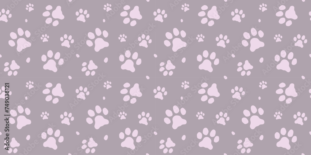 Seamless pattern of paw footprint. Cat paw vector background
