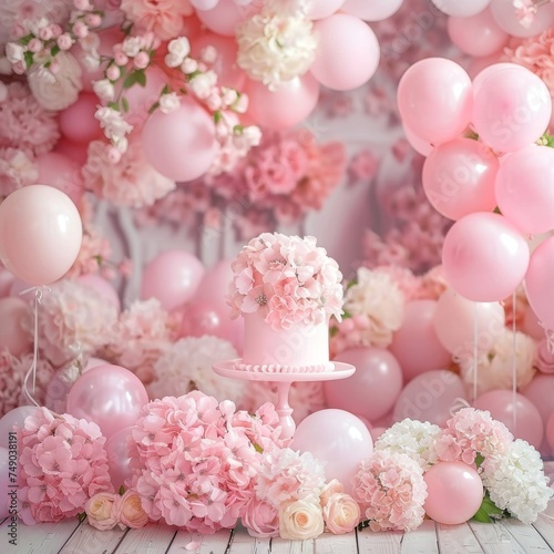 make a pastel pink cakesmash backdrop with pastel pink ballons arcade and flowers