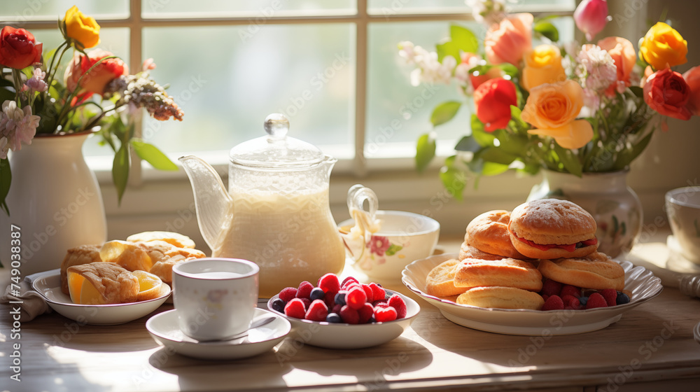 Bright Breakfast Table with Colorful Spring Flowers Bright Breakfast Table with Colorful Spring Flowers