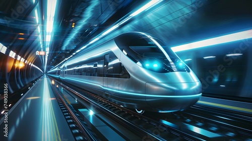 futuristic bullet train or hyperloop ultrasonic train cabsul with full self driving system activated for fast transportation and autonomy concepts as wide banner with copy space area 