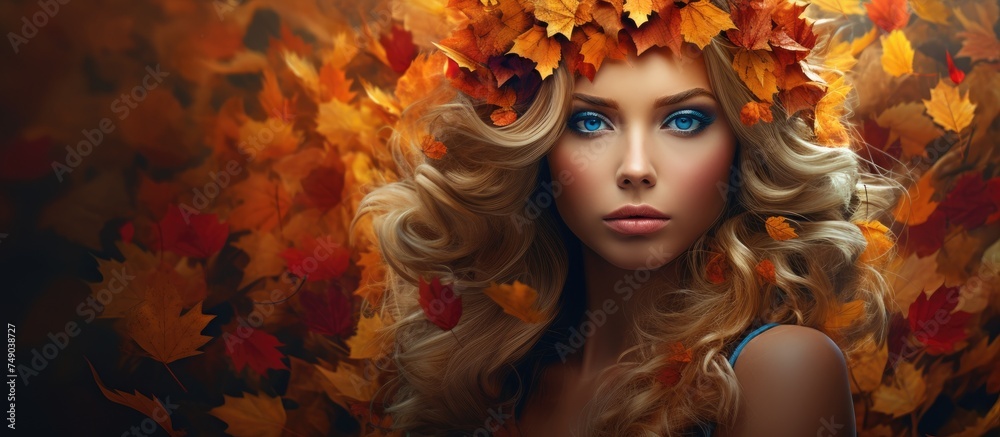 A woman proudly wears a crown made of colorful autumn leaves on her head, creating a natural and seasonal adornment. A woman proudly wears a crown made of colorful autumn leaves on her head, creating a natural and seasonal adornment.