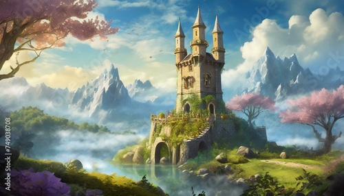 Medieval castle in the mountain, fantasy wallpaper artwork with vibrant colors photo