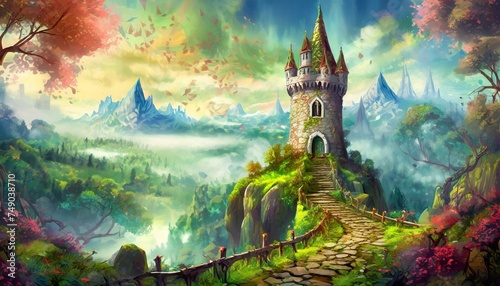 Medieval castle in the mountain, fantasy wallpaper artwork with vibrant colors