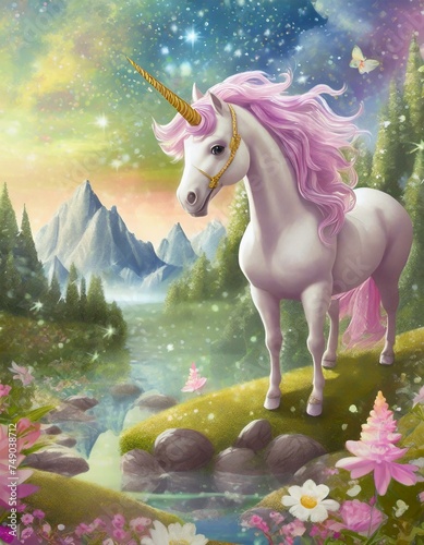 Fantasy unicorn artwork in a spring landscape with flowers and northern lights