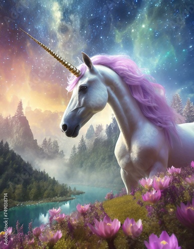 Fantasy unicorn artwork in a spring landscape with flowers and northern lights