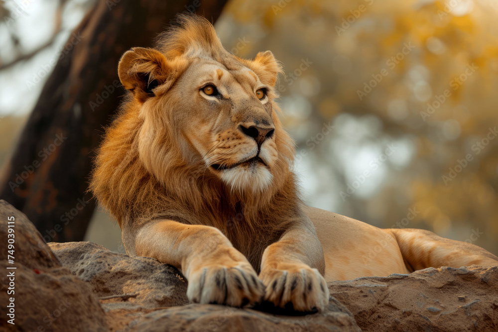 Naklejka premium A lion lying in the shade under a tree or a lion resting