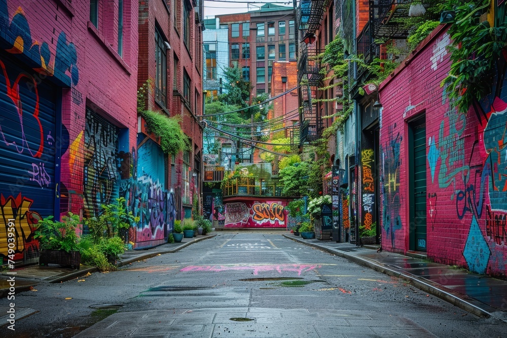 Vivid urban graffiti contrasts with subtle, worn wall paint in a narrow alley, displaying street art diversity Vivid urban graffiti contrasts with subtle, worn wall paint in a narrow alley, displaying street art diversity