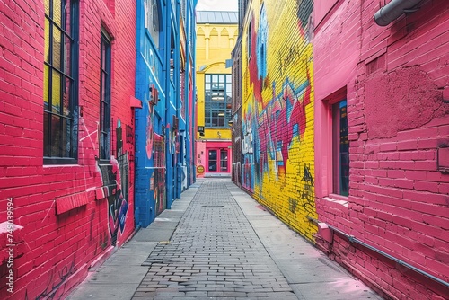 Vivid urban graffiti contrasts with understated wall paint in a narrow alley, showcasing street art diversity © Fokasu Art