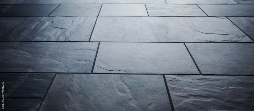 A newly installed slate tile floor in a modern interior space. The floor features a gray color palette with a sleek and contemporary design.