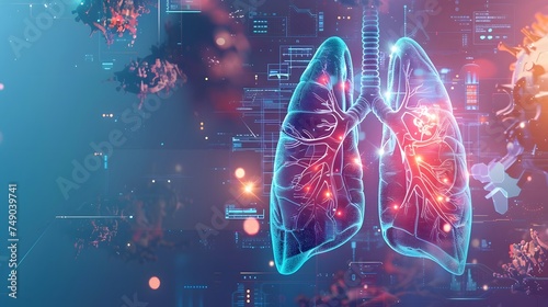 futuristic medical research or lungs health care with diagnosis and vitals biometrics for clinical hospital asthma and respiratory cancer and disease tests services as wide banner with copy space area