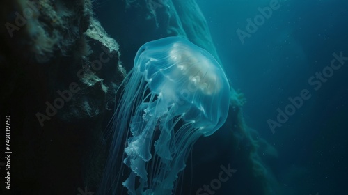 In the heart of the ocean a translucent jellyfish pulsates with otherworldly grace a mesmerizing creature thriving amidst the saline anomalies. Nearby a towering underwater