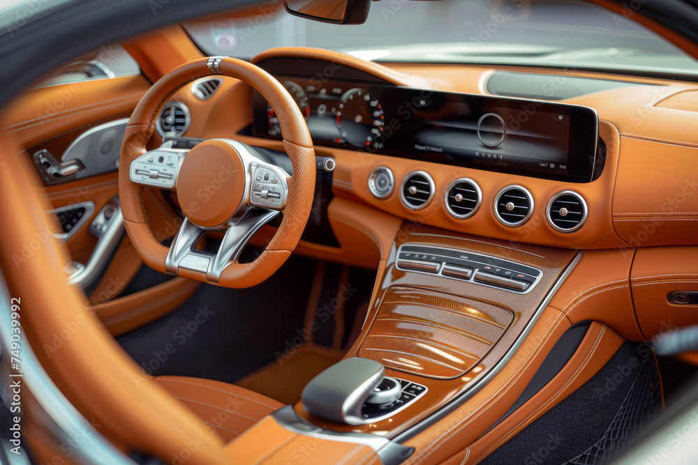 Beautiful beige interior of a luxury coupe, view of the entire cockpit with the steering wheel
