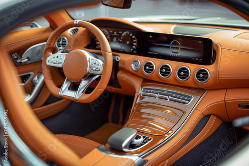 Beautiful beige interior of a luxury coupe, view of the entire cockpit with the steering wheel
 photo