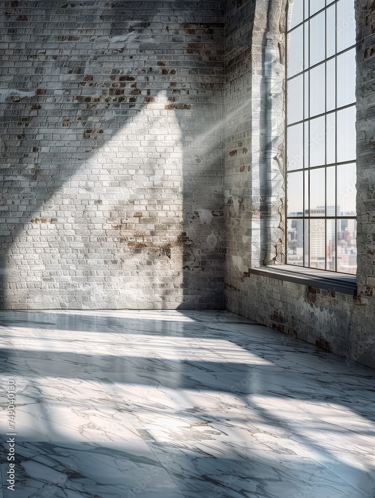 Smooth marble surfaces vs textured brick walls, light flooding in through windows vs shadowed corners in a loft Smooth marble surfaces vs textured brick walls, light flooding in through windows vs shadowed corners in a loft