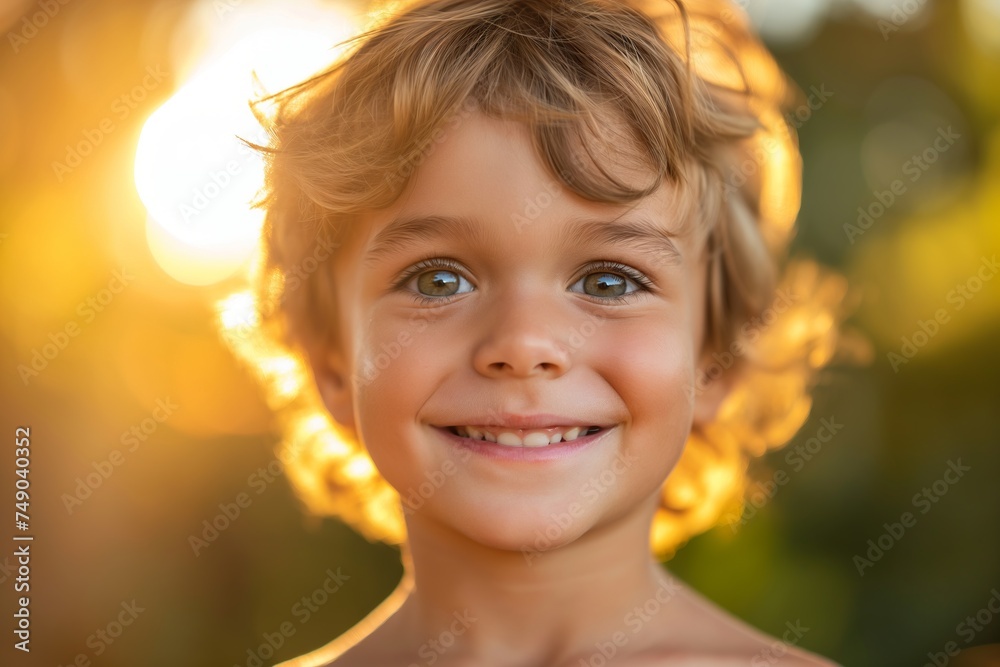 Fototapeta premium Close-up on face of little boy smiling outdoor in the sunlight