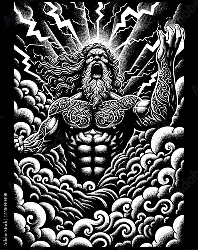 Zeus Unleashed: Thunderous Rage Amidst Swirling Storms, Dotwork Illustration