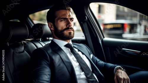 A bearded businessman in a stylish suit and tie, looking pensive and contemplative as he gazes out the car window from the comfortable backseat during a busy city commute.