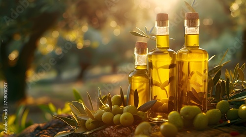 golden olive oil bottles with olives leaves and fruits setup in the middle of rural olive field with morning sunshine as wide banner with copyspace area - Generative AI 