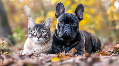 Cat and dog together outdoors. Fluffy friends. funny French buldog puppy and cat
