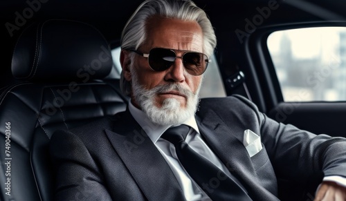 An elderly man exudes power and success in a luxurious car, wearing a suit and tie. His gray hair and beard add to his distinguished appearance, embodying leadership and sophistication.