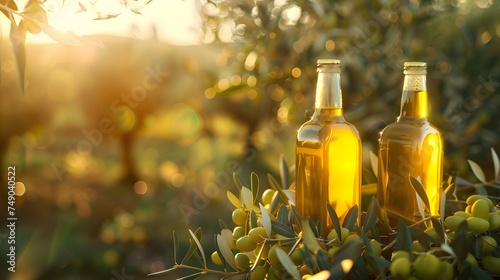 golden olive oil bottles with olives leaves and fruits setup in the middle of rural olive field with morning sunshine as wide banner with copyspace area - Generative AI 