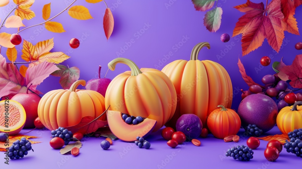 pumpkins and autumn fruits on purple background generative ai pumpkins and autumn fruits on purple background generative ai