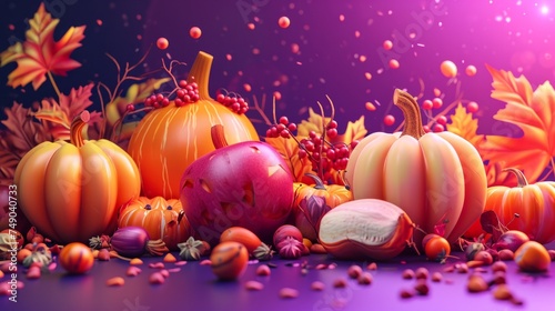 pumpkins and autumn fruits on purple background generative ai