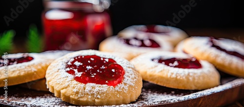 Homemade powdered sugar cookies filled with raspberry jam arranged neatly on a white plate. The cookies are the main focus, with a generous amount of jam peeking through the middle. photo