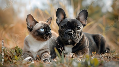 Cat and dog together outdoors. Fluffy friends. funny French buldog puppy and cat