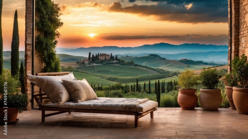 Breathtaking sunrise over the rolling hills of Tuscany from your private terrace - obrazy, fototapety, plakaty 
